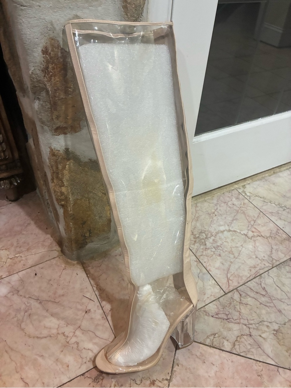 Cape Robbin Clear Over-the-Knee Boot Display with Beige Trim